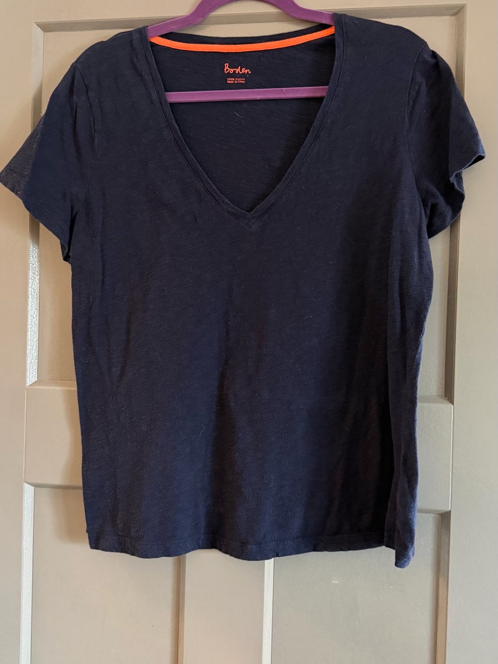 Boden Navy V-Neck Short Sleeve Tee with Orange Trim